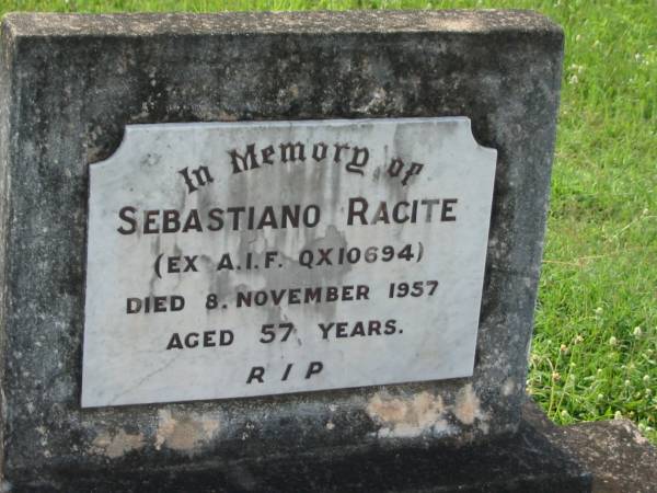 Sebastiano RACITE,  | died 8 Nov 1957 aged 57 years;  | Appletree Creek cemetery, Isis Shire  | 