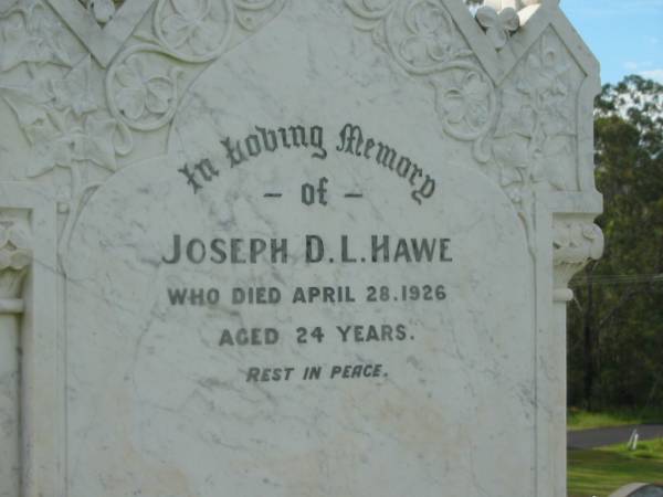 Joseph D.L. HAWE,  | died 28 April 1926 aged 24 years;  | Bridget HAWE,  | died 12 Dec 1931;  | Mary Elizabeth MCCABE,  | died 1 March 1933;  | John HAWE,  | died 3 Sept 1952;  | Kathleen Jane HAWE,  | died 30 May 1912 aged 6 years;  | Appletree Creek cemetery, Isis Shire  | 