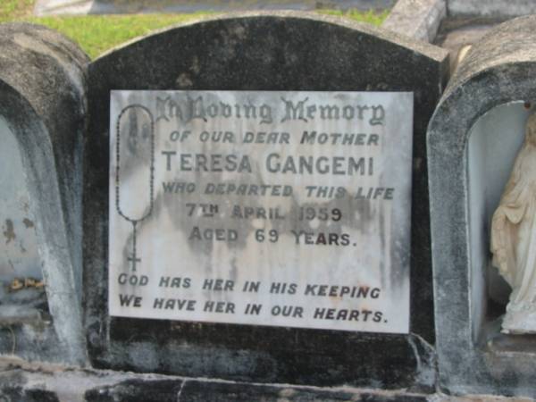 Teresa GANGEMI,  | mother,  | died 7 April 1959 aged 69 years;  | Appletree Creek cemetery, Isis Shire  | 