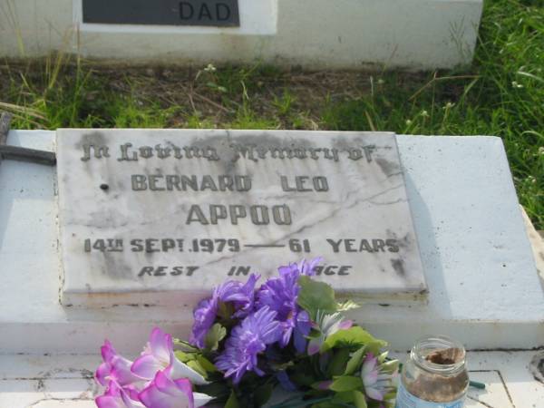 Bernard Leo APPOO,  | died 14 Sept 1979 aged 61 years;  | Appletree Creek cemetery, Isis Shire  | 