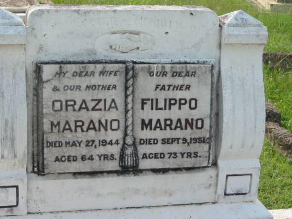 Orazia MARANO,  | wife mother,  | died 27 May 1944 aged 64 years;  | Filippo MARANO,  | father,  | died 9 Sept 1951 aged 73 years;  | Appletree Creek cemetery, Isis Shire  | 