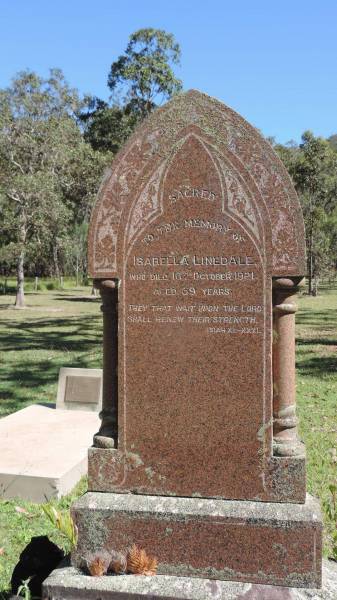 Isabella LINEDALE  | d: 16 Oct 1921 aged 59  |   | Atherton Pioneer Cemetery (Samuel Dansie Park)  |   |   | 