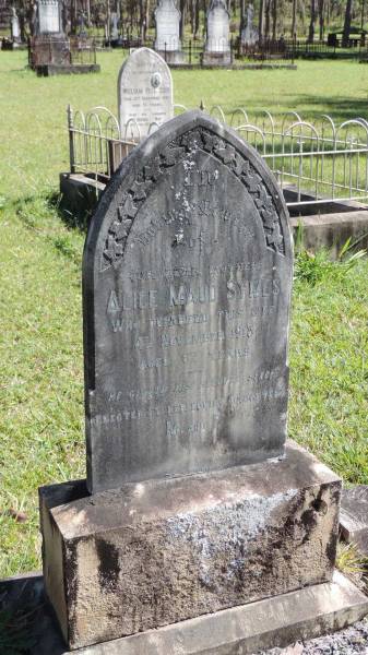 Alice Maud SYMES  | d: 4 Nov 1913 aged 67  |   | erected by her daughters M. and F.  |   | Atherton Pioneer Cemetery (Samuel Dansie Park)  |   |   | 