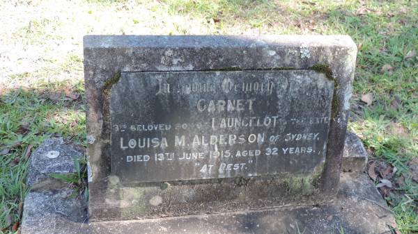 Garnet (ALDERSON)  | d 13 Jun 1915 aged 32  | third son of Launcelot and (late) Louisa M ALDERSON of Sydney  |   | Atherton Pioneer Cemetery (Samuel Dansie Park)  |   |   | 