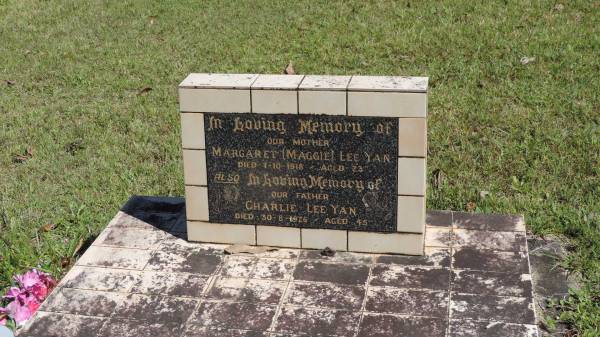 Margaret LEE YAN (Maggie)  | d: 1 Oct 1918 aged 23  |   | Charlie LEE YAN  | d: 30 Aug 1926 aged 45  |   | Atherton Pioneer Cemetery (Samuel Dansie Park)  |   |   | 