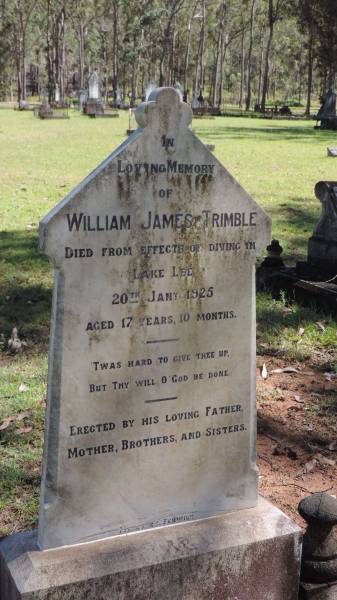 William James TRIMBLE  | d: 20 Jan 1925 aged 17y 10 mo from the effects of diving into Lake Lee  |   | Atherton Pioneer Cemetery (Samuel Dansie Park)  |   |   | 