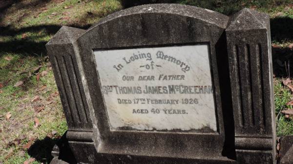 Sgt Thomas James McGREENHAN  | d: 17 Feb 1926 aged 40  |   | Atherton Pioneer Cemetery (Samuel Dansie Park)  |   |   | 