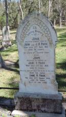 John PARK d: 19 Sep 1915 aged 38 eldest son of John and J.H. PARK  John PARK d: 14 Dec 1915 aged 61 husband of Jane H PARK  Jane H PARK d: 13 Mar 1932 aged 74  Atherton Pioneer Cemetery (Samuel Dansie Park)  