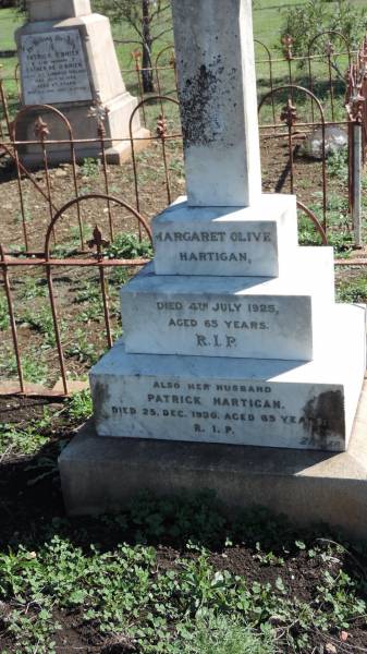 Margaret Olive HARTIGAN  | d: 4 Jul 1925 aged 65  |   | husband  | Patrick HARTIGAN  | d: 25 Dec 1930 aged 69  |   | Aubigny Catholic Cemetery, Jondaryan  |   | 