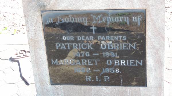 Patrick O'BRIEN  | b: 1876  | d: 1931  |   | Margaret O'BRIEN  | b: 1882  | d: 1958  |   | Aubigny Catholic Cemetery, Jondaryan  |   | 