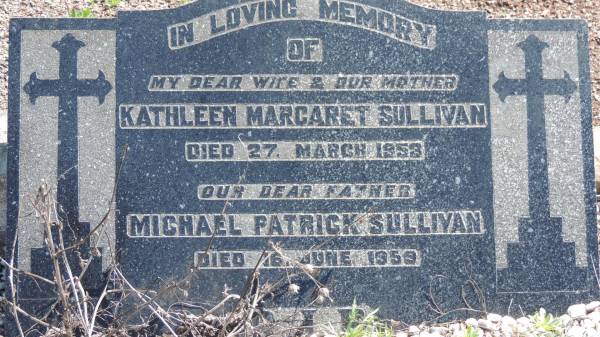 Kathleen Margaret SULLIVAN  | d: 27 Mar 1953  |   | Michael Patrick SULLIVAN  | d: 16 Jun 1959  |   | Aubigny Catholic Cemetery, Jondaryan  |   | 