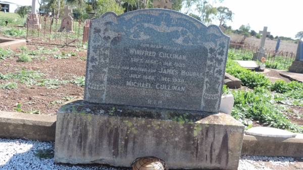 Winifred GILLINAN  | b: Sep 1868  | d: Jan 1935  |   | son  | James BOURKE  | b: Jul 1888  | d: Dec 1934  |   | Michael GULLINAN  | b: 1857  | d: 1936  |   | Aubigny Catholic Cemetery, Jondaryan  |   | 