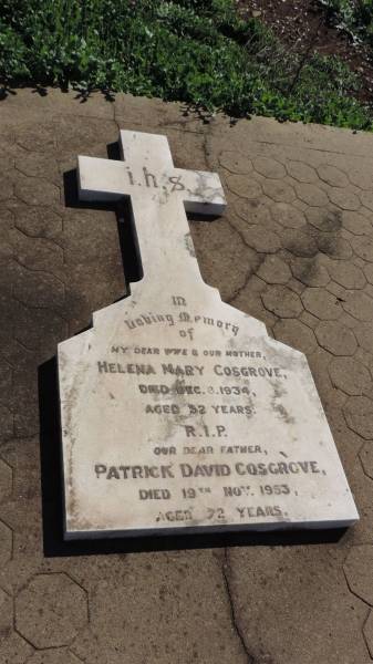 Helena Mary COSGROVE  | d: 8 Dec 1934 aged 42  |   | Patrick David COSGROVE  | d: 19 Nov 1953 aged 72  |   | Aubigny Catholic Cemetery, Jondaryan  |   | 