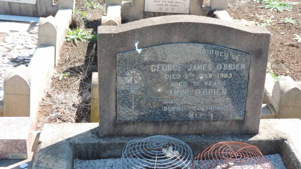 George James O'BRIEN  | d: 5 Jul 1963 aged 51  |   | Anne O'BRIEN  | d:  8 Feb 1975 (buried Southport)  |   | Aubigny Catholic Cemetery, Jondaryan  |   | 
