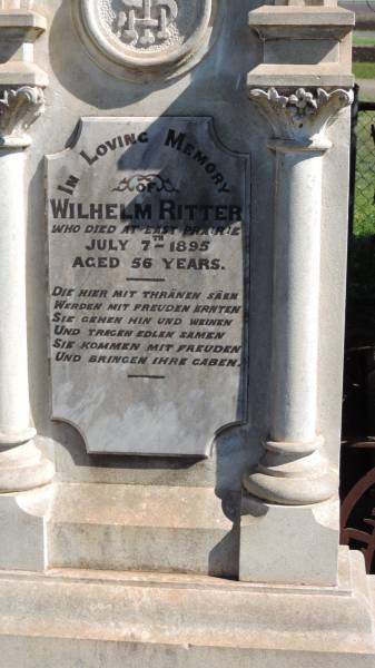 Wilhelm RITTER  | d 7 Jul 1895 aged 56 at East Prairie  |   | Aubigny St Johns Lutheran cemetery, Toowoomba Region  |   | 