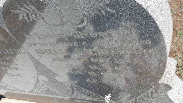 Christian J SCHELBERG  | d: 13 Dec 1954 aged 73 years, 3 Mo  |   | Amelia S SCHELBERG  | d: 25 May 1943 aged 56 years, 10 mo  |   | Aubigny St Johns Lutheran cemetery, Toowoomba Region  | 