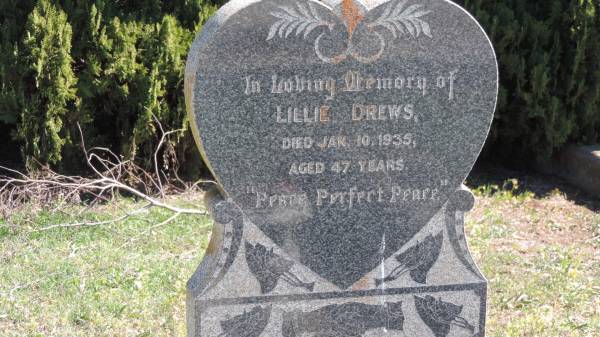 Auguste DREWS  | d: 8 Oct 1938 aged 84  |   | Carl DREWS  | d: 9 Sep 1939 aged 95  |   | Lillie DREWS  | d: 10 Jan 1935 aged 47  |   | Albert DREWS  | d: 31 Dec 1935 aged 42  |   | Aubigny St Johns Lutheran cemetery, Toowoomba Region  | 