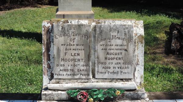 August HOOPERT  | d: 6 Sep 1925 aged 71  |   | wife  | Ellen HOOPERT  | d: 19 Oct 1948 aged 78  |   | Aubigny St Johns Lutheran cemetery, Toowoomba Region  |   | 