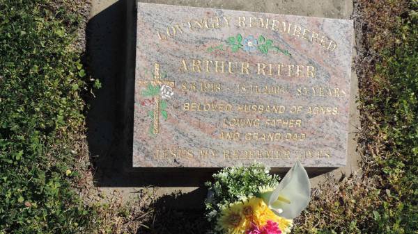 Arthur RITTER  | b: 8 Jun 1918  | d: 18 Nov 2003 aged 85  | husband of Agnes  |   | Aubigny St Johns Lutheran cemetery, Toowoomba Region  |   |   | 