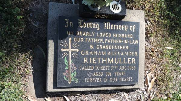 Graham Alexander RIETHMULLER  | d: 5 Aug 1986 aged 59 1/2  |   | Aubigny St Johns Lutheran cemetery, Toowoomba Region  |   | 