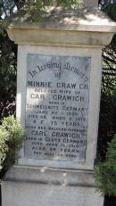 
Minnie GRAWICH
b: 1 Jan 1837, Schweidnitz, Germany
d: 6 Dec 1912 aged 75

husband
Carl GRAWICH
b: Clutz, Germany
d: 15 Jun 1919 aged 84

Aubigny St Johns Lutheran cemetery, Toowoomba Region

