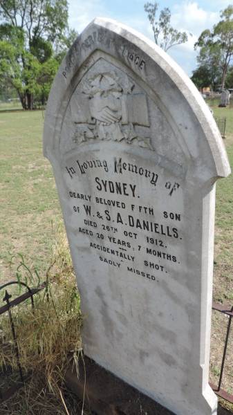 Sydney DANIELLS  | 5th son of W and S.A. DANIELLS  | d: 26 Oct 1912 aged 20 y 7 mo  |   | Banana Cemetery, Banana Shire  |   | 