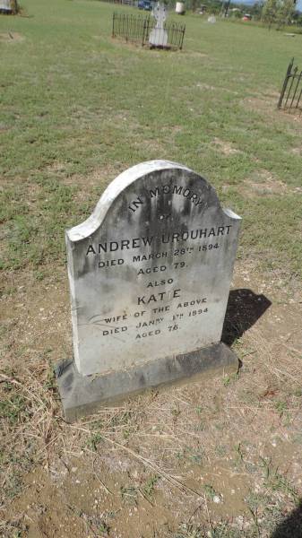 Andrew URQUHART  | d: 28 Mar 1894 aged 79  |   | also wife  | Katie URQUHART  | d: 4 Jan 1894 aged 76  |   | Banana Cemetery, Banana Shire  |   | 