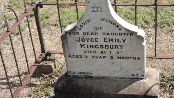 Joyce Emily KINGSBURY  | d: 21 Jan 1923 aged 1 y 9 mo  |   | Banana Cemetery, Banana Shire  |   | 