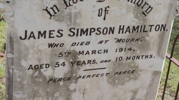 James Simpson HAMILTON  | d: Mourh, 5 Mar 1914 aged 54 y 10 mo  |   | Banana Cemetery, Banana Shire  |   | 