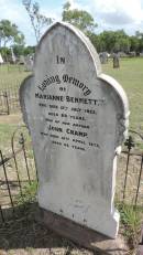 
Marianne BENNETT
d: 12 Jul 1923 aged 89

and father:
John CRAMP
d: 12 Apr 1873 aged 63

Banana Cemetery, Banana Shire

