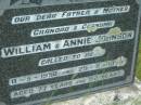 
William JOHNSON, father grandfather,
died 11-5-1950 aged 77 years;
Annie JOHNSON, mother grandma,
died 29-8-1979? aged 92 years;
Barney View Uniting cemetery, Beaudesert Shire
