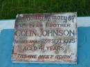 
Colin JOHNSON, brother,
died 23 Sept 1975 aged 41 years;
Barney View Uniting cemetery, Beaudesert Shire
