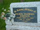 
Nichol Haswell (Mick) JOHNSON,
died 6-5-1990 aged 87 years;
Barney View Uniting cemetery, Beaudesert Shire
