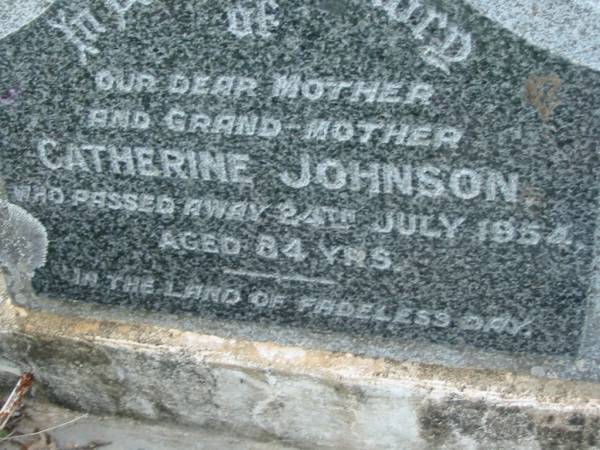Catherine JOHNSON,  | mother grandmother,  | died 24 July 1954 aged 84 years;  | Barney View Uniting cemetery, Beaudesert Shire  | 