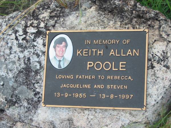 Keith Allan POOLE,  | father to Rebecca, Jacqueline, Steven,  | 13-9-1955 - 13-8-1997;  | Barney View Uniting cemetery, Beaudesert Shire  | 