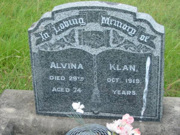 Alvina KLAN,  | died 29 Oct 1919 aged 74 years;  | Barney View Uniting cemetery, Beaudesert Shire  | 