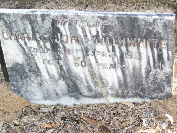 Charles John LILLYWHITE,  | died 28 April 1931 aged 60 years;  | Beerburrum Cemetery, Caloundra  | 