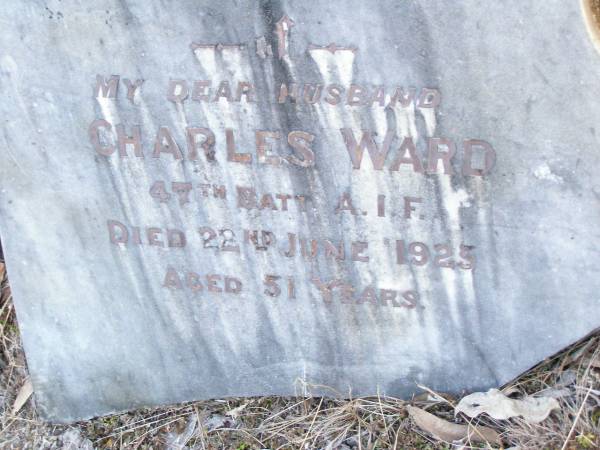 Charles WARD, husband,  | died 22 June 1925 aged 51 years;  | Beerburrum Cemetery, Caloundra  |