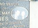 
G.H. JONES,
8 Oct 1998 aged 78 years,
husband of Joan;
Joan May JONES,
wife of Grahame,
12-1-1925 - 29-4-2001,
love Craig & Tracey;
Beerwah Cemetery, City of Caloundra
