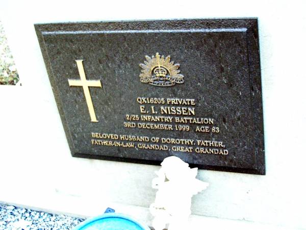 E.I. NISSEN,  | died 3 Dec 1999 aged 83 years,  | husband of Dorothy,  | father father-in-law grandad, great-grandad;  | Drew Ashley RUSSELL,  | Beerwah Cemetery, City of Caloundra  | 