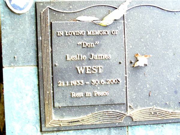 (Don) Leslie James WEST,  | 21-1-1933 - 30-6-2003;  | Beerwah Cemetery, City of Caloundra  | 