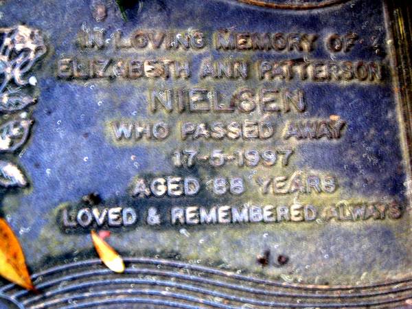 Elizabeth Ann Patterson NIELSEN,  | died 17-5-199 aged 88 years;  | Beerwah Cemetery, City of Caloundra  | 
