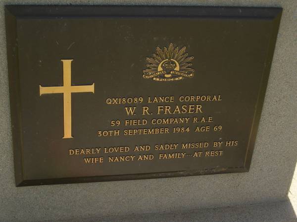 W.R. FRASER,  | died 30 Sept 1984 aged 69 years,  | wife Nancy;  | Bell cemetery, Wambo Shire  | 