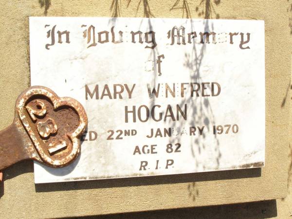 Mary Winifred HOGAN,  | died 22 Jan 1970 aged 82 years;  | Bell cemetery, Wambo Shire  | 