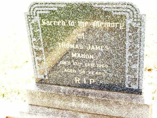 Thomas James MAHON,  | died 18 Feb 1969 aged 50 years;  | Bell cemetery, Wambo Shire  | 