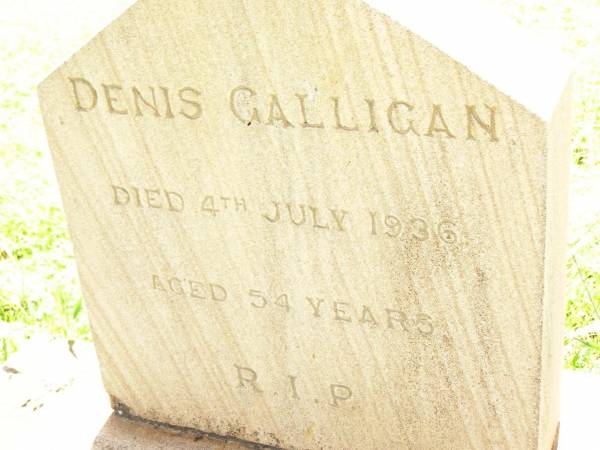 Denis GALLIGAN,  | died 4 July 1936 aged 54 years;  | Bell cemetery, Wambo Shire  | 