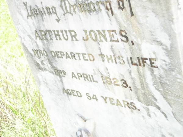 Arthur JONES,  | died 3 April 1923 aged 54 years;  | Bell cemetery, Wambo Shire  | 