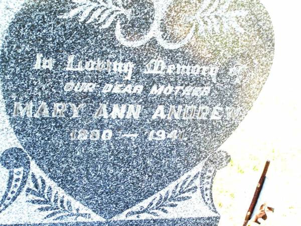 Hugh ANDREW,  | father,  | 1872 - 1941;  | Mary Ann ANDREW,  | mother,  | 1880 - 1941;  | Bell cemetery, Wambo Shire  | 