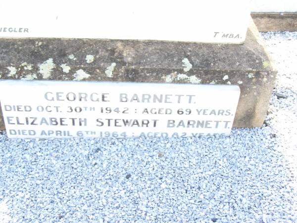 Thomas BARNETT,  | son,  | died 16 April 1922 aged 22 years;  | Robert James,  | infant son,  | died 3 Nov 1922;  | George BARNETT,  | died 30 Oct 1942 aged 69 years;  | Elizabeth Stewart BARTNETT,  | died 6 April 1964 aged 82 years;  | Bell cemetery, Wambo Shire  | 