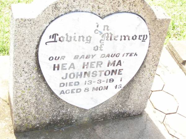 Heather Mary JOHNSTONE,  | baby daughter,  | died 13-3-19?1 aged 8 months;  | Bell cemetery, Wambo Shire  | 